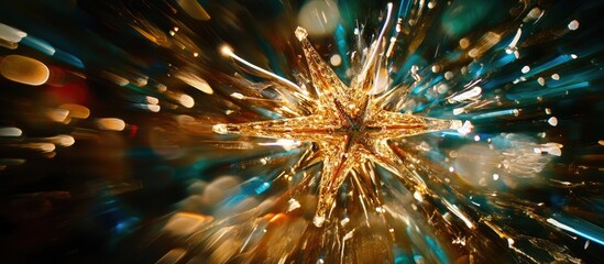 Poster - Vibrant bokeh effect featuring a star atop an artificial Christmas tree illuminated by colorful LED lights in a dazzling festive atmosphere