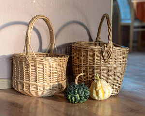 Wall Mural - beautiful wicker baskets, various garden produce, pumpkins, home products, interior items, autumn harvest