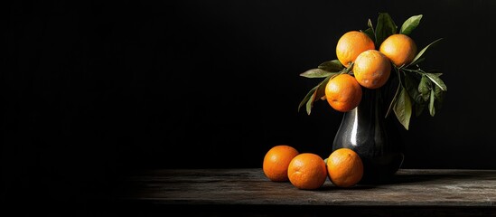 Poster - still life composition of a black vase filled with fresh oranges and green leaves set against a dark background showcasing vibrant colors
