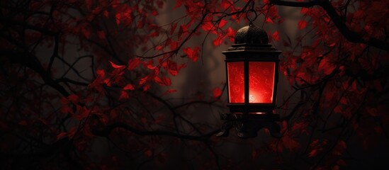 Poster - Red lantern glowing softly among autumn leaves in a tranquil nighttime setting, evoking warmth and nostalgia in nature's embrace.