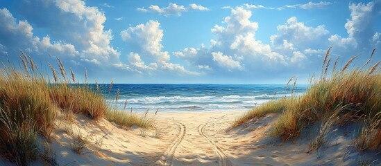 Poster - tranquil sandy beach scene with lush grass dunes under a bright blue sky and soft clouds for a seren