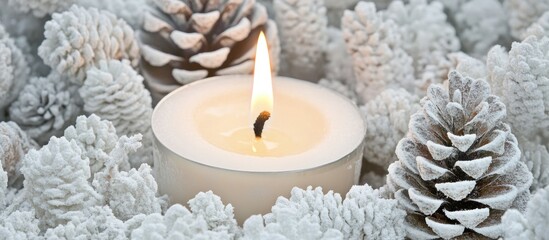 Poster - Winter wonderland scene featuring white pine cones and a glowing candle perfect for holiday greetings and festive decorations