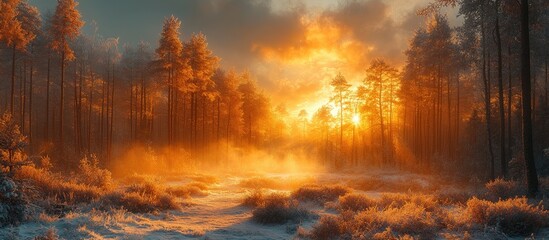 Poster - Majestic sunrise over Vihorlat woodlands with mist and golden light illuminating serene nature landscape in eastern region.