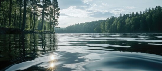 Poster - Serene lake surface reflecting trees and sky during tranquil morning light in nature's peaceful landscape