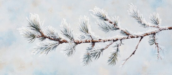 Poster - frosty tree branch with glistening needles against a soft blue background on a chilly winter day