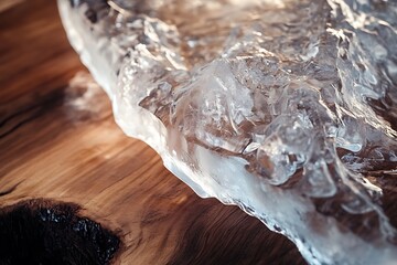 Poster - Close-up of a large, irregular chunk of clear ice resting on a rich, dark wood surface.