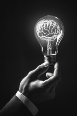 Wall Mural - Hand holds light bulb with brain