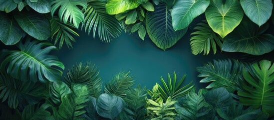 Wall Mural - Lush green foliage creating a vibrant natural backdrop showcasing various leaf textures in a serene tropical environment