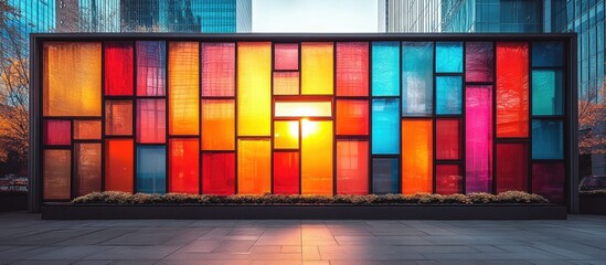 Poster - Colorful mosaic window design showcasing vibrant colors and sunlight in an urban setting creating a striking visual appeal.
