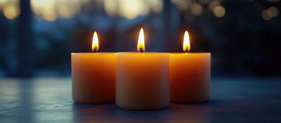 Poster - Three lit candles creating a serene ambiance with warm glowing flames against a softly blurred background.