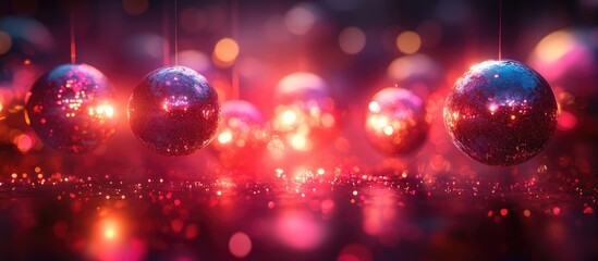 Poster - Colorful disco balls reflecting light in a vibrant party atmosphere creating a festive and energetic mood for celebrations and events.
