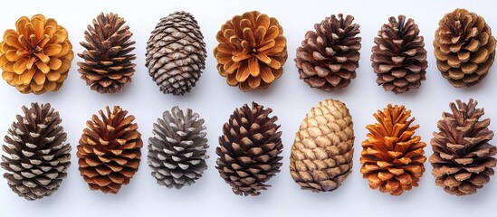 Poster - Diverse pine cones displayed on a white background highlighting unique textures and shapes in a natural arrangement for a creative design element