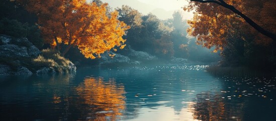Poster - tranquil autumn landscape with vibrant orange trees reflecting in serene water under soft morning li