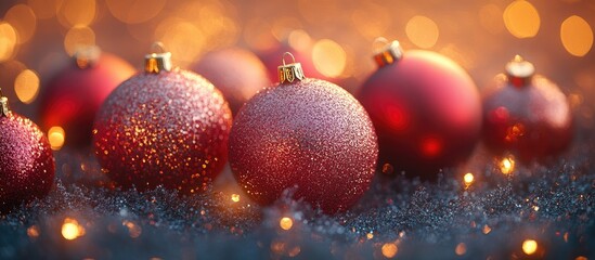 Poster - Sparkling red Christmas ornaments with glowing lights creating a warm festive atmosphere on a textured background