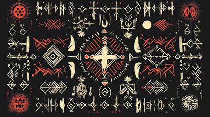 Poster - Abstract Geometric Pattern with Red and White Symbols on Black Background