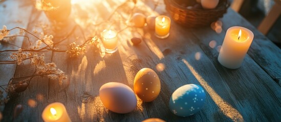 Poster - High angle view of colorful Easter eggs and lit candles on a sunlit table creating a festive celebration atmosphere