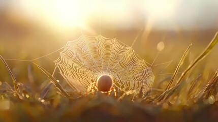  a spider sitting in the center of a spider web on a grassy field at sunset, with a blurred background The web is intricately woven and glistening in the warm light