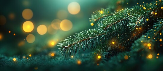 Poster - Christmas spruce branches with soft green light spots and glowing bokeh creating an abstract festive atmosphere for holiday designs