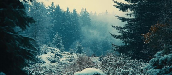 Poster - winter wonderland with snow-covered coniferous and pine trees in a serene woodland landscape. tranqu