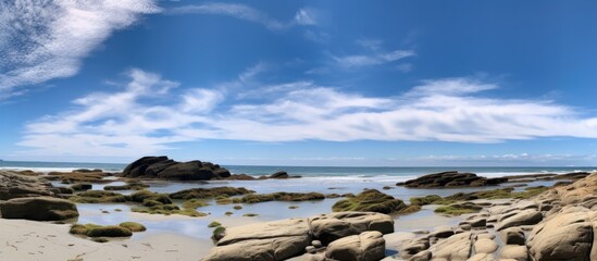 Poster - Scenic rock beach with tranquil ocean under a clear blue sky and scattered clouds on a sunny day ideal for nature lovers and vacationers.
