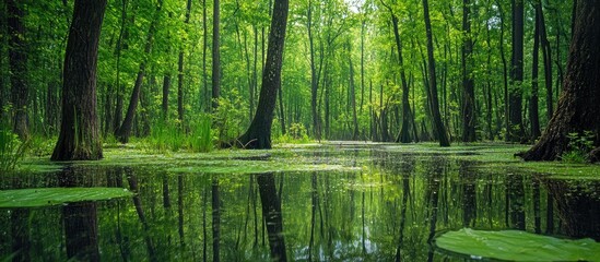  Lush swamp landscape reflecting greenery in a humid summer ecosystem with still waters and vibrant foliage