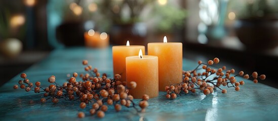 Poster - Cozy interior decor with candles and natural elements creating a warm and inviting ambiance in a beautifully arranged setting