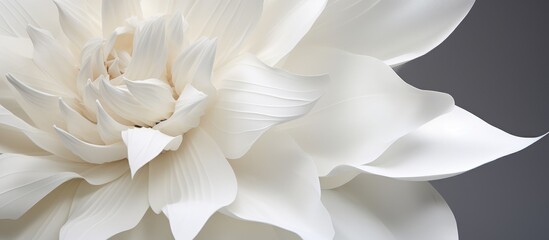 Poster - Elegant close up of a stunning white paper flower showcasing intricate petals and delicate details against a soft gray background