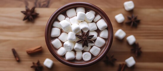 Poster - Cozy cup of hot chocolate topped with mini marshmallows star anise and cinnamon on rustic wooden backdrop for winter comfort and warmth