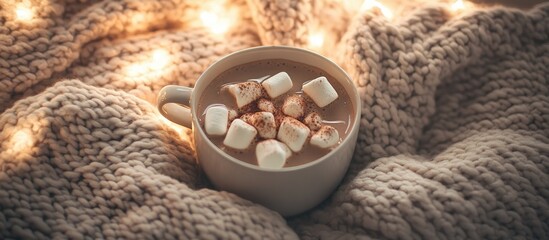 Poster - Cozy cup of hot chocolate with marshmallows on a knitted sweater surrounded by warm lighting for a comforting winter atmosphere