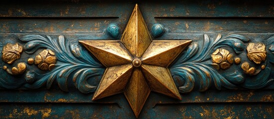 Leinwandbilder - Detailed close up of an ornate vintage gold star embedded in a decorative floral design on a weathered blue surface