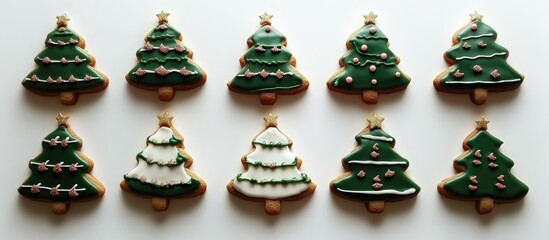 Poster - Decorative Christmas tree gingerbread cookies arranged in a flat lay showcasing festive icing designs and vibrant colors