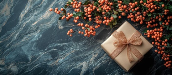 Aufkleber - Christmas gift arrangement with decorative foliage overhead flat lay composition on a textured background suitable for festive celebrations