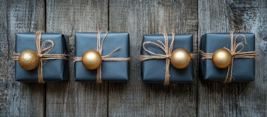 Aufkleber - Elegant Christmas flat lay with wrapped black gifts and gold baubles on rustic wooden background perfect for festive season decor and inspiration