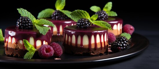 Aufkleber - Chocolate covered mini cheesecakes with blackberries and mint leaves on a cooling tray in a dark background gourmet dessert close up