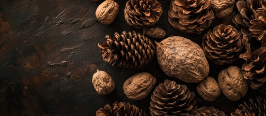 Poster - Rustic Christmas backdrop with pine cones and walnuts on a dark textured surface for seasonal decor and holiday themes