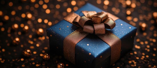 Aufkleber - Elegant blue gift box with gold ribbon on a glittery brown background Perfect for luxury gift or festive occasion decoration
