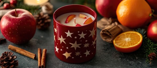 Aufkleber - Red festive candle surrounded by apples, cinnamon sticks, and mandarin oranges create a warm and inviting holiday ambiance.