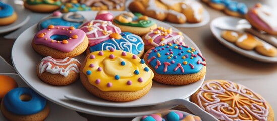 Poster - Colorful decorated cookies on a platter showcasing creative designs perfect for festive occasions and baking inspiration