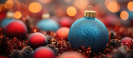 Poster - Festive Christmas Ornaments Glimmering in a Colorful Holiday Backdrop with Warm Lights and Tinsel Surrounding Vibrant Decorations