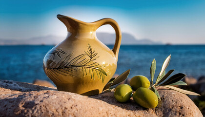 Wall Mural - A decorative yellow ceramic pitcher sits on coastal rocks alongside fresh olives against a blue Mediterranean seascape backdrop.