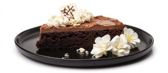 Aufkleber - Chocolate cream brownie cake with white chocolate slice and cream flowers on black plate against white background