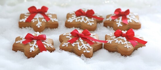 Poster - Christmas gingerbread cookies with red ribbons on snowy background festive holiday treats decoration dessert celebration