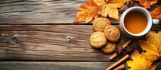 Poster - Cinnamon cookies and warm beverage surrounded by autumn leaves on rustic wooden table creating a cozy breakfast atmosphere