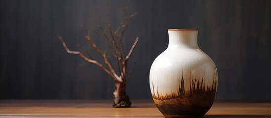 Leinwandbilder - Handcrafted ceramic vase on wooden table with minimalist decor featuring a dry twig in the background.
