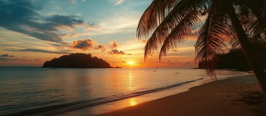 Aufkleber - Vibrant sunset reflecting on tranquil ocean waves with palm trees framing a serene beach scene