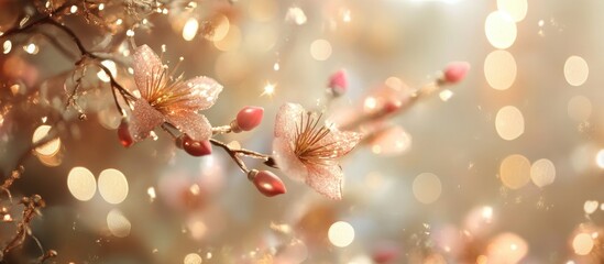 Fototapete - christmas tree decoration with floral accents set against a soft lit background illuminated by shimm