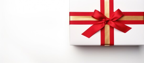 Poster - Cozy holiday gift box with red ribbon and gold accents on a white background providing ample copy space for seasonal promotions and messages