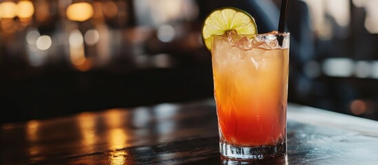 Aufkleber - Refreshing Cocktail with Lime Slice on Wooden Table in Cozy Bar Setting