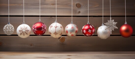 Poster - Christmas ornaments and snowflakes hanging on a string with wooden background providing ample space for seasonal greetings or text.