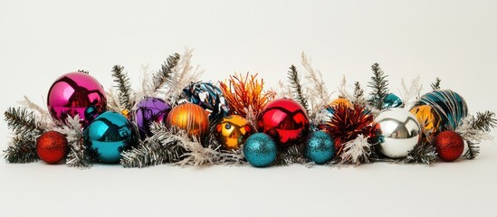 Aufkleber - Colorful Christmas decoration with shiny ornaments and tinsel arrangement on a white background perfect for holiday greetings and cards